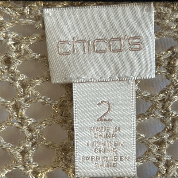 Chico’s tan open front sweater with interwoven gold metallic thread, size 2/M - Picture 6 of 9